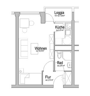 Beispiel-Grundriss Ein-Zimmer-Apartment