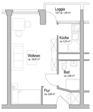 Beispiel-Grundriss Ein-Zimmer-Apartment